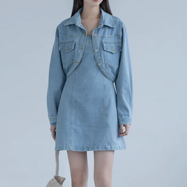 セットアップ レディース ジャケット ワンピース キャミワンピ ショート丈 ミニワンピ デニム 夏秋冬 おしゃれ かわいい カジュアル かっこいい ストリート トレンド ブルー Sサイズ