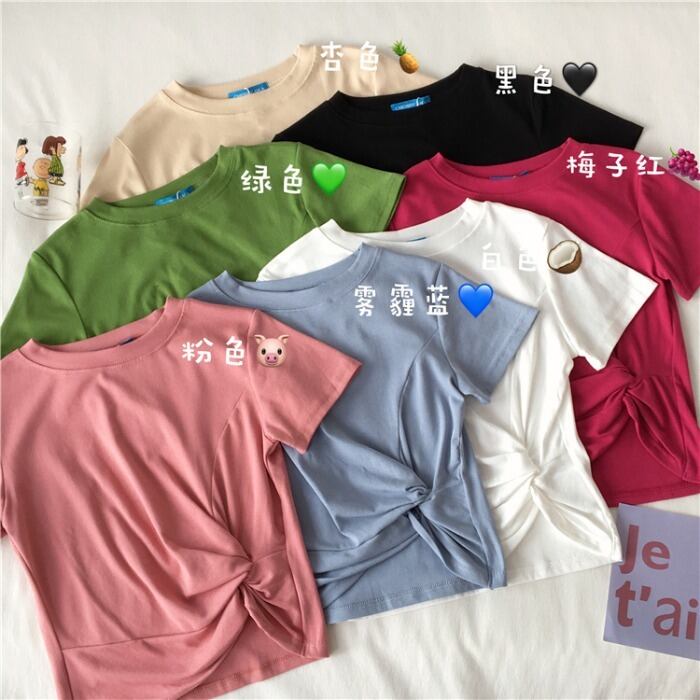 2020新しい青の半袖の結び目トップツイストTシャツ女性の夏の短い白スリムネット赤インスーパー 1号婦人46961078689