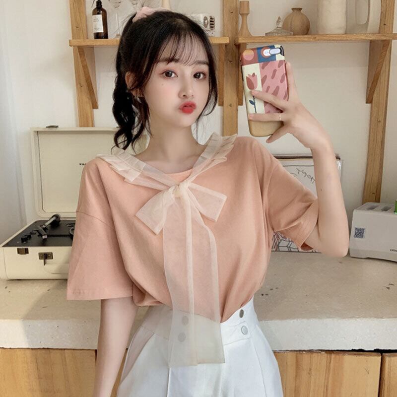 トップス サマーメッシュリボンTシャツ 大人ガーリー スウィート キュート カジュアル 夏物 ステッチ 萌量不足6892332116