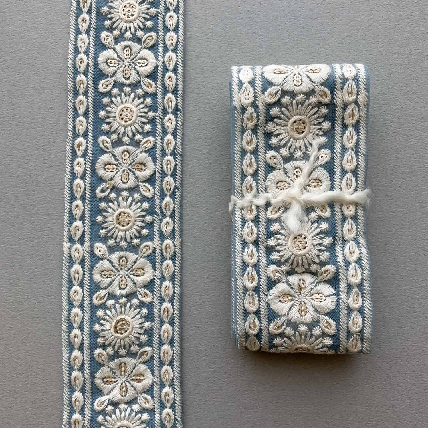 再入荷〉白いお花としずく縁の刺繍チュールリボン（1mカット） | Dua
