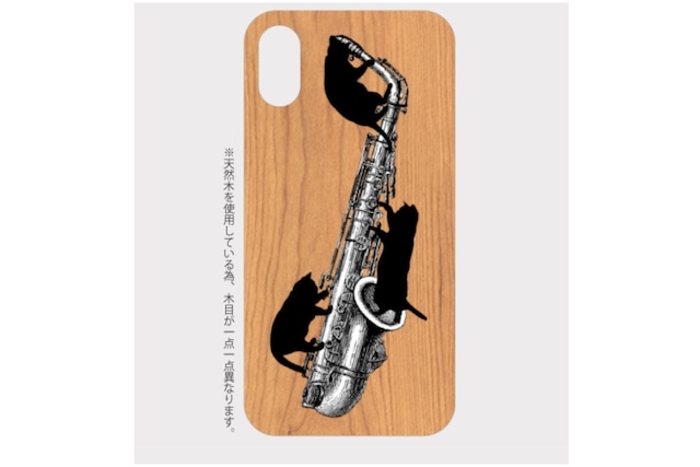 (iPhone用)アルトサックスと黒猫の木製スマホケース
