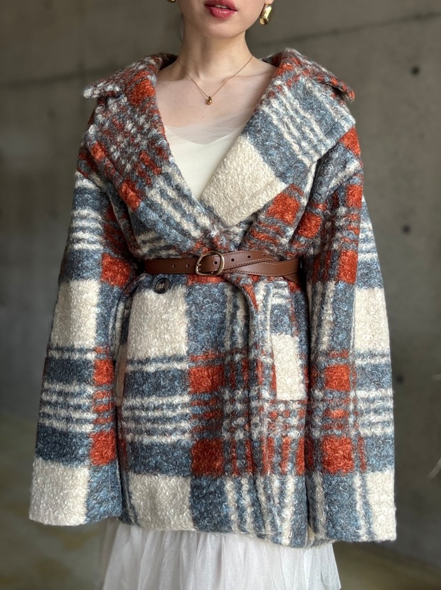 リングボアチェックオーバーコート【オレンジ】