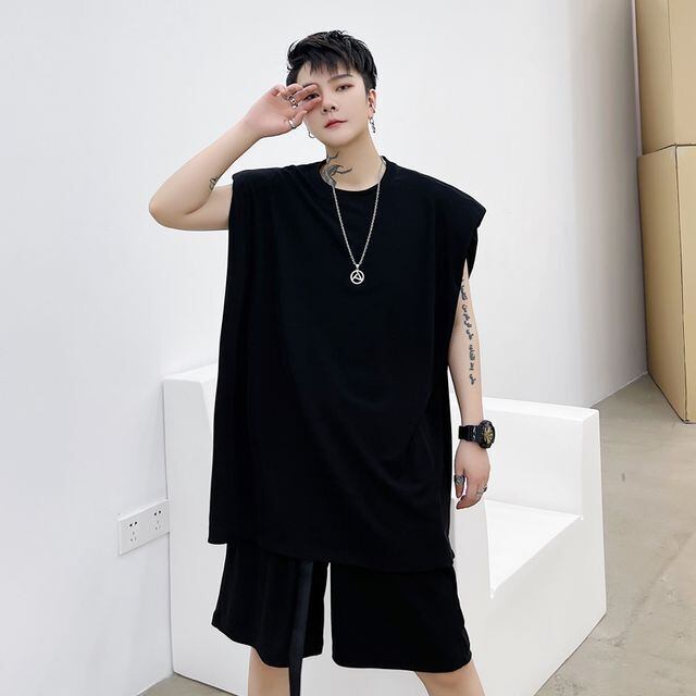 【予約販売】メンズ セットアップ 上下 ノースリーブ ハーフパンツ ストリート 無地 ブラック ベージュ 部屋着 ジム スポーツウエア カジュアル 春 夏 大きいサイズ M/L/XL