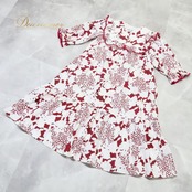 フラダンス 衣装 Nani HAWAII ワンピース ドレス レッド系 ワインレッド ツートンカラー 長袖 フリル 襟 総柄 かわいい 華やか 鮮やか 明るい 軽やか 赤 紫 赤紫 白 ハワイアン ハワイアンプリント フラ ダンス 練習 ホワイト系 パープル系