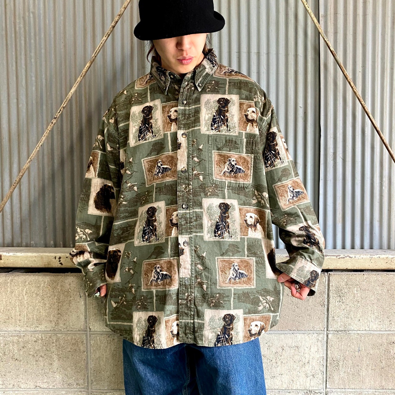 REDHEAD 犬柄 鴨 コットン 長袖 総柄シャツ メンズXL 古着 アニマル柄 