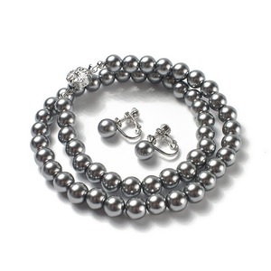 【数量限り】[CRANES COLLECTION] パール ネックレス ピアスイヤリング 2点 セット 日本製 グレー 国産真珠 自社生産 8mm珠 冠婚葬祭 巾着袋付 選べる6サイズ (シルバーブラックカラー)