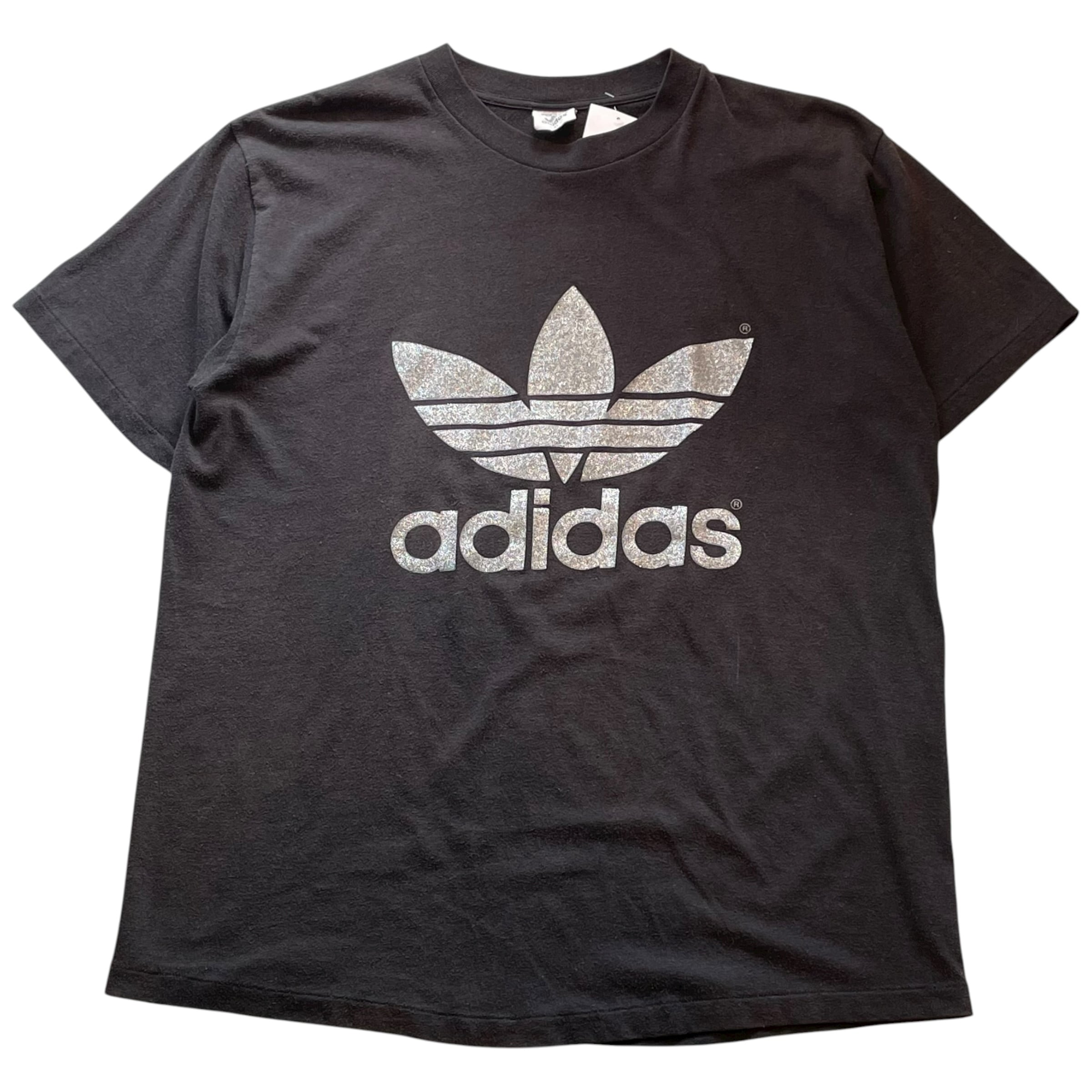 80s adidas "Black × silver" Trefoil logo T-shirt