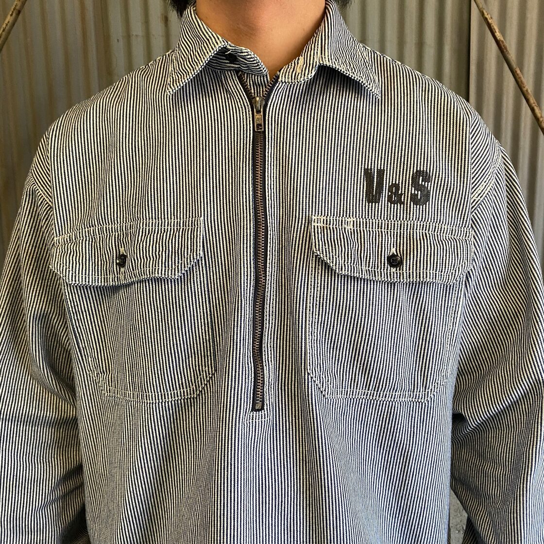 90年代 KEY ヒッコリーストライプ ハーフジップ ワークシャツ メンズL  