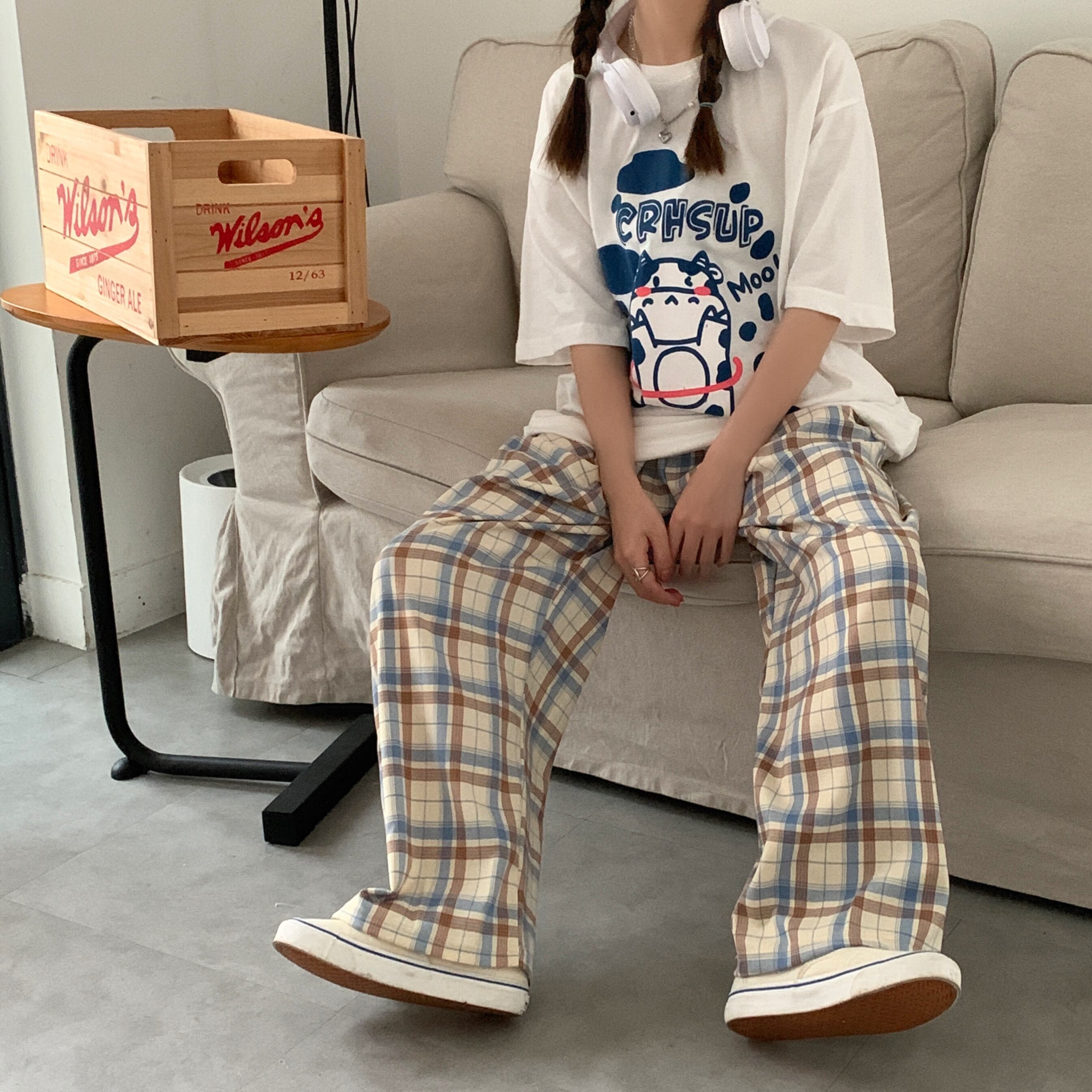 スプリングスタンダードルーズパンツ スタイル格子柄カジュアルハイウェスト レトロ かわいい 春物 ケッペル67004939906