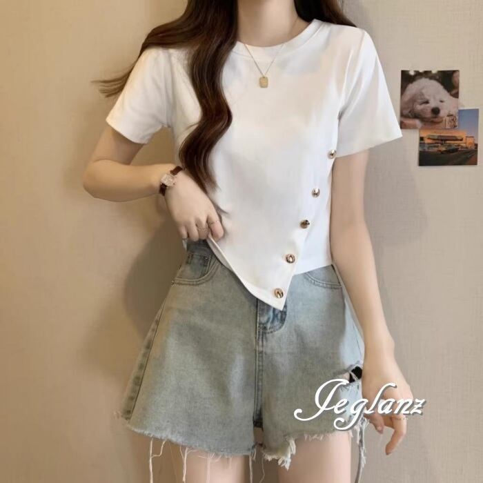 2色 カットソー シャツ トップス ボタントリム カジュアル(MA379)ρ