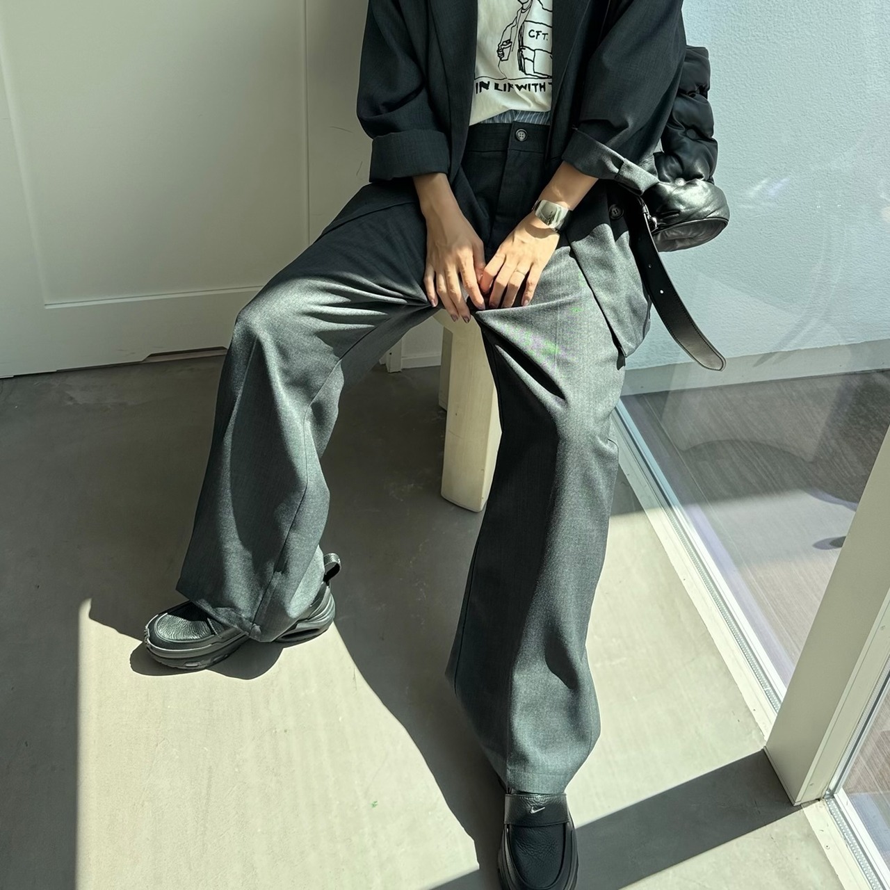 ダブルウエストスラックスPT/チャコール