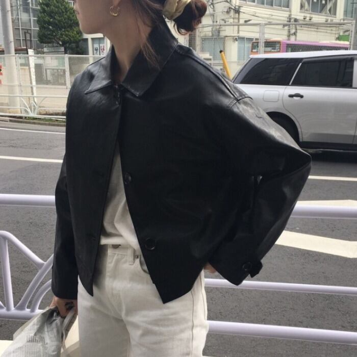 ショート丈 フェイクレザー ジャケット 襟付き 長袖 シングルボタン カジュアル カッコいい シンプル アウター 春 秋 098 Macaron