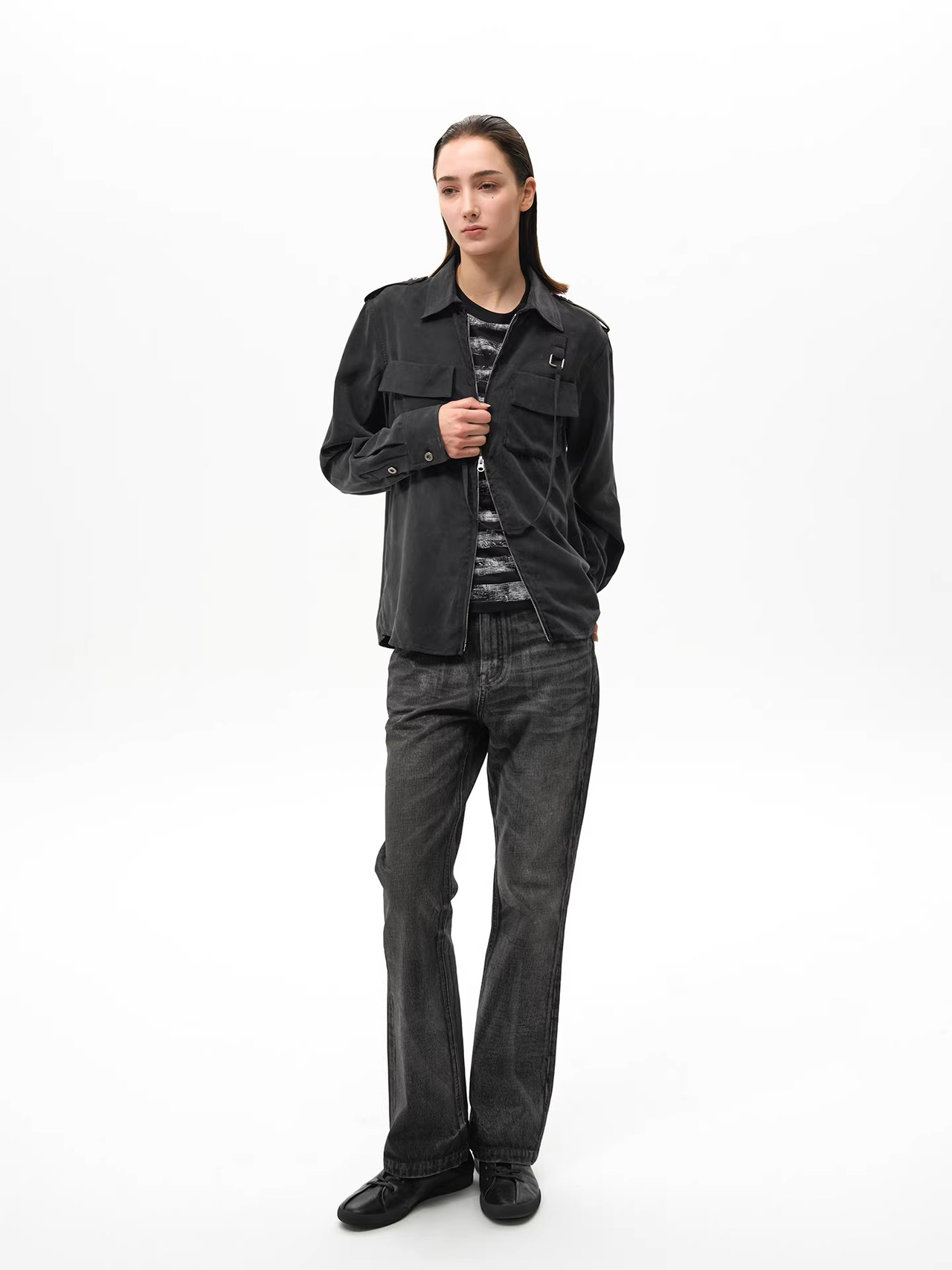 Slight Vogue Matte Cupro Military Zip Shirt