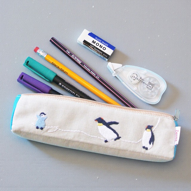 《鳥/ペンギン》 ペンケース ペンギン親子 ポーチ ハンドメイド 手刺繍