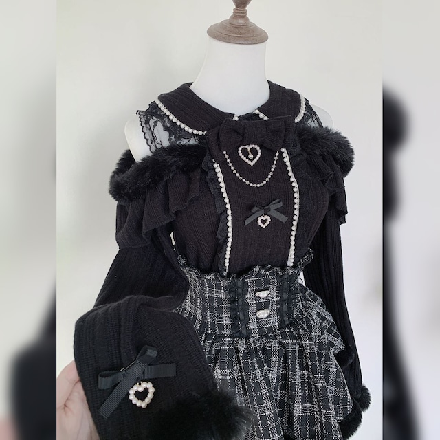 地雷系・量産型パールレースリボンセーター