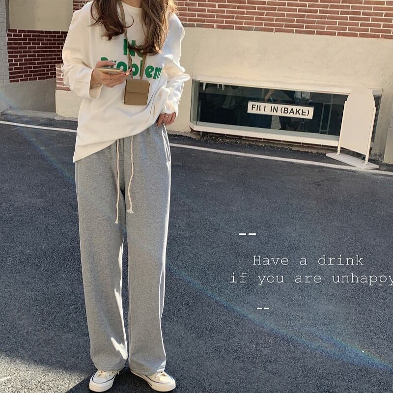 パンツ ハイウェスト薄手スプリングルーズスタイルグレー 春物 ブラックストロベリース95507191047