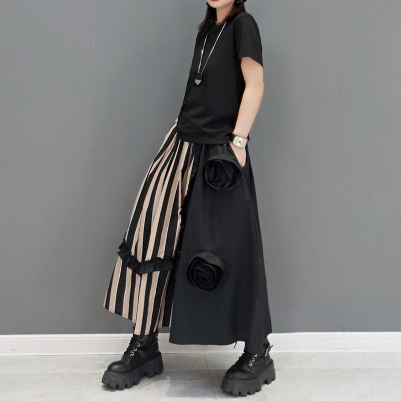 Patchwork Striped Flower Skirt / パッチワーク ストライプ フラワー スカート