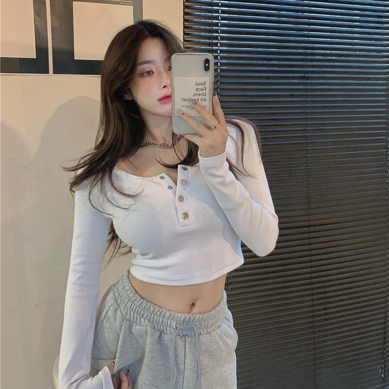 ボタントップス スプリングラウンドネックニットTシャツ シャツ スリム ロング 春物 Oネック ドラファッションホール63131032856