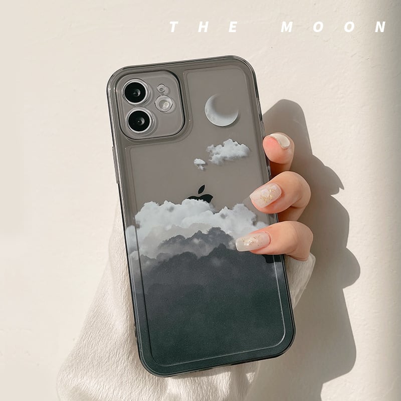 iPhone15に対応】モノクロが美しい◎ナイトクラウド 新型 iphone14 対応 透明 グラデーション 雲と月 iphone スマホケース  ND-14411 おしゃれなスマホケース専門店 ninufa.