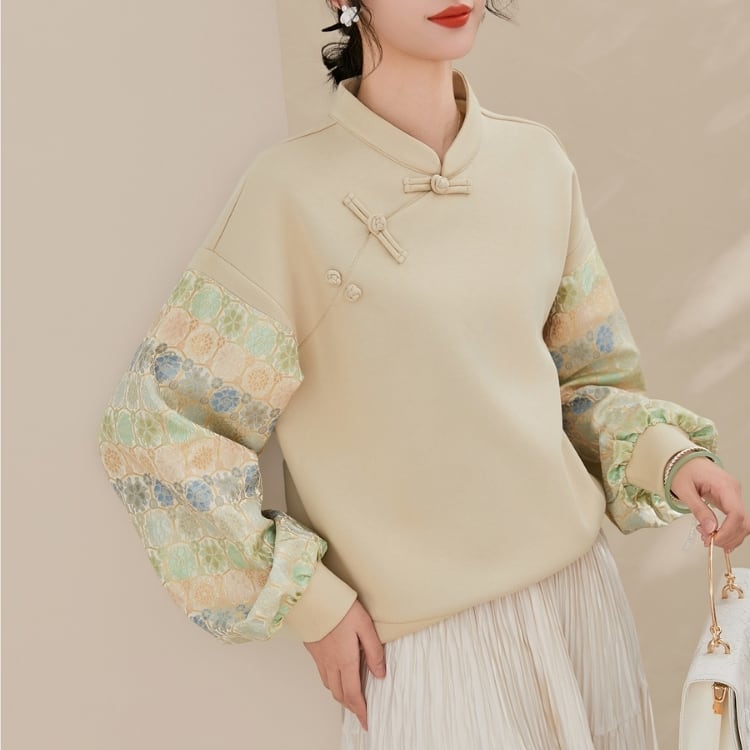 チャイナボタン×花文様スリーブ　ゆったりトップス　YS00146