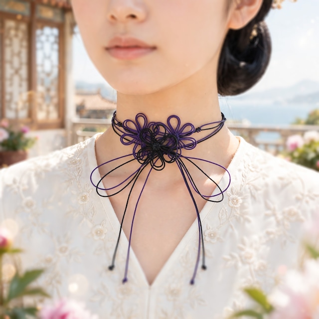 飾り結びチョーカー「ツヤトシジマ」（黒×紫）【軽量】浴衣・着物・フォーマル華やぐ二重巻。