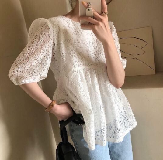 新作 レディース トップス Tシャツ シャツ 半袖 レース クルーネック バルーン袖