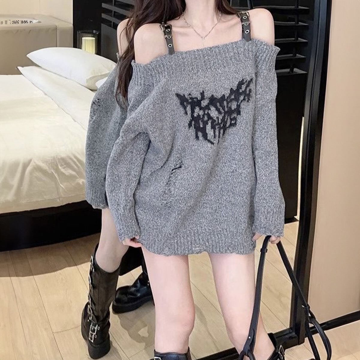 オフショルダー ミニワンピース ニット ダメージ加工 レディース 春秋冬 韓国 ワンピース オフショル ストリート 原宿系 大人 カジュアル レトロ おしゃれ レザーストラップ チュニック ミニワンピ 大人可愛い 大人女子