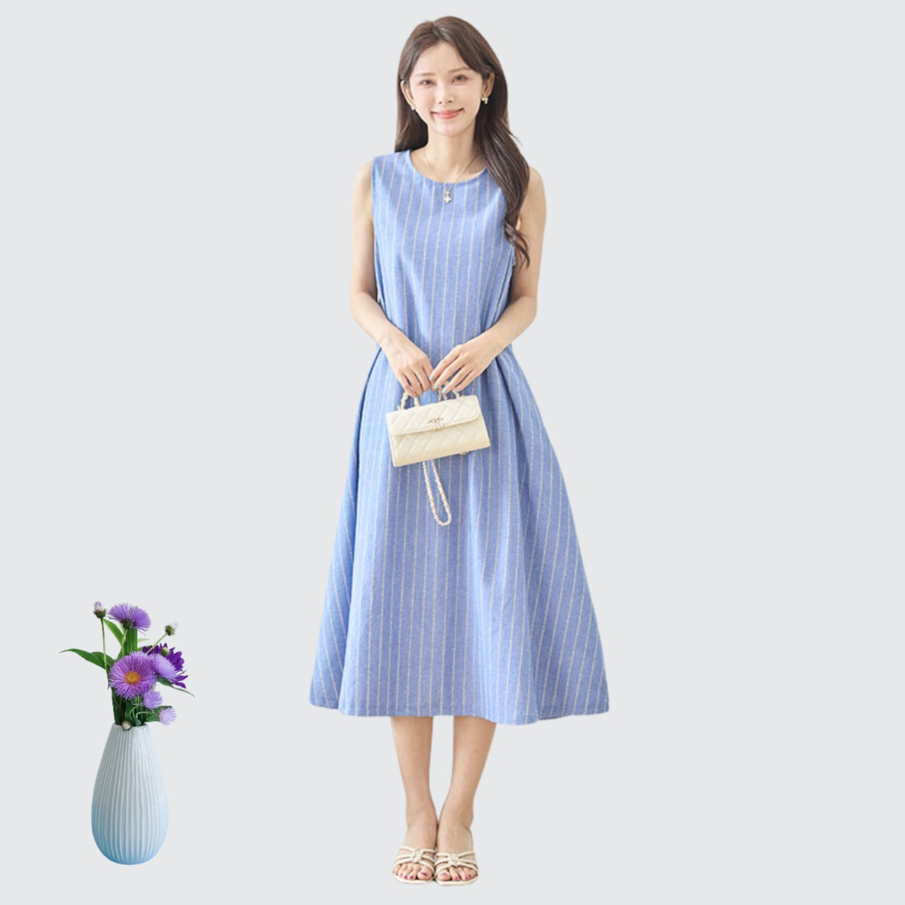 TRUBE Aラインノースリーブコットンマキシワンピース【M~L】ブルー