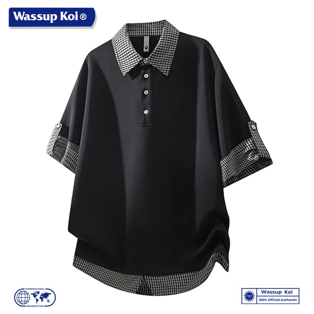 【WSシリーズ】★POLOシャツ★ ユニセックス 2color トップス 半袖 フェイクレイヤード チェック柄 黒 灰