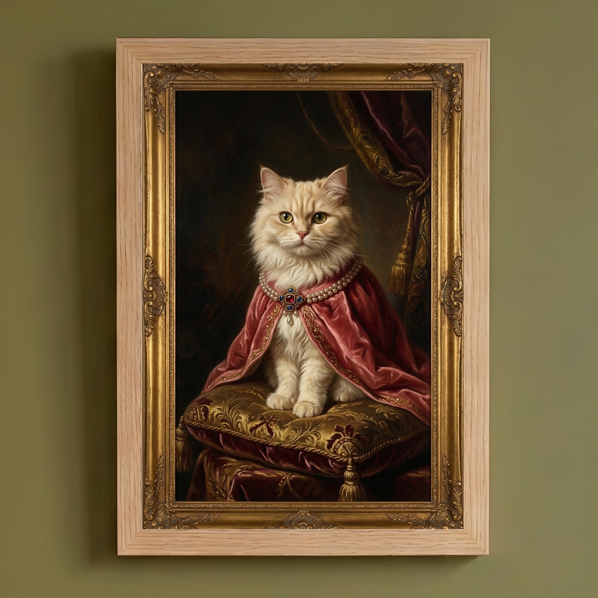 猫（ペルシャ猫）のルネサンス風肖像画 油絵風アートA4額装インテリア