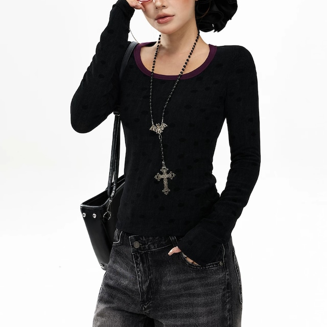 two-tone neck dot sheer tee　バイカラーネックドットシアーティー　J2120