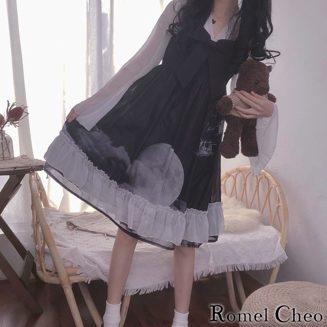 お支払い確認後日以内発送 Romelcheo シースルー 月夜 ワンピース 和風 モノトーン レデイース ベルスリーブ Aライン リボン 膝丈 透け感 ゴスロリ 白黒 服 病みかわ 原宿系 青文字系 暗黒系 ガーリー 森ガール ファッション 夏ワンピース ロメルチェオ Romelcheo