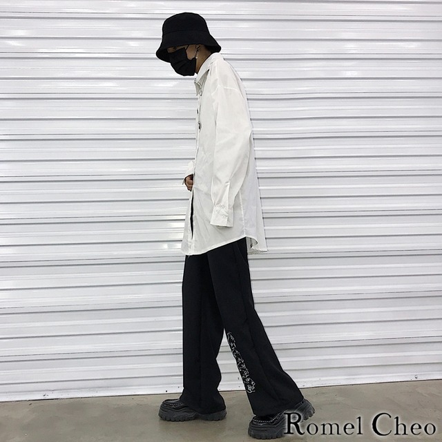 Romelcheo ストレート パンツ スラックス プリント ロゴ イラスト 和風 シンプル メンズ レディース ユニセックス モノトーン ストリート V系 モード系 韓国 服 タック ウエスト シャツ パンツ イン カジュアル きれいめ ロメルチェオ Romelcheo