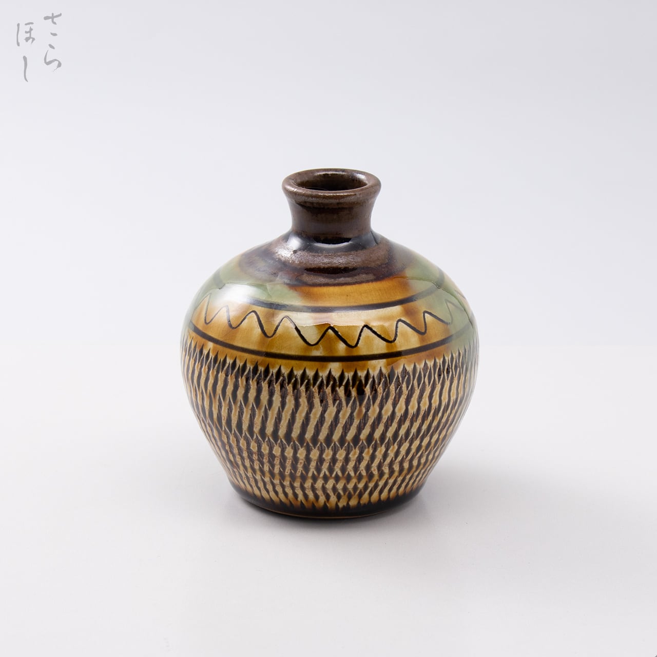 小鹿田焼 小袋窯 一輪挿し花瓶 飛び鉋/櫛描き/青流し 高さ約9.5cm 陶器 雑貨 民藝 ボトル