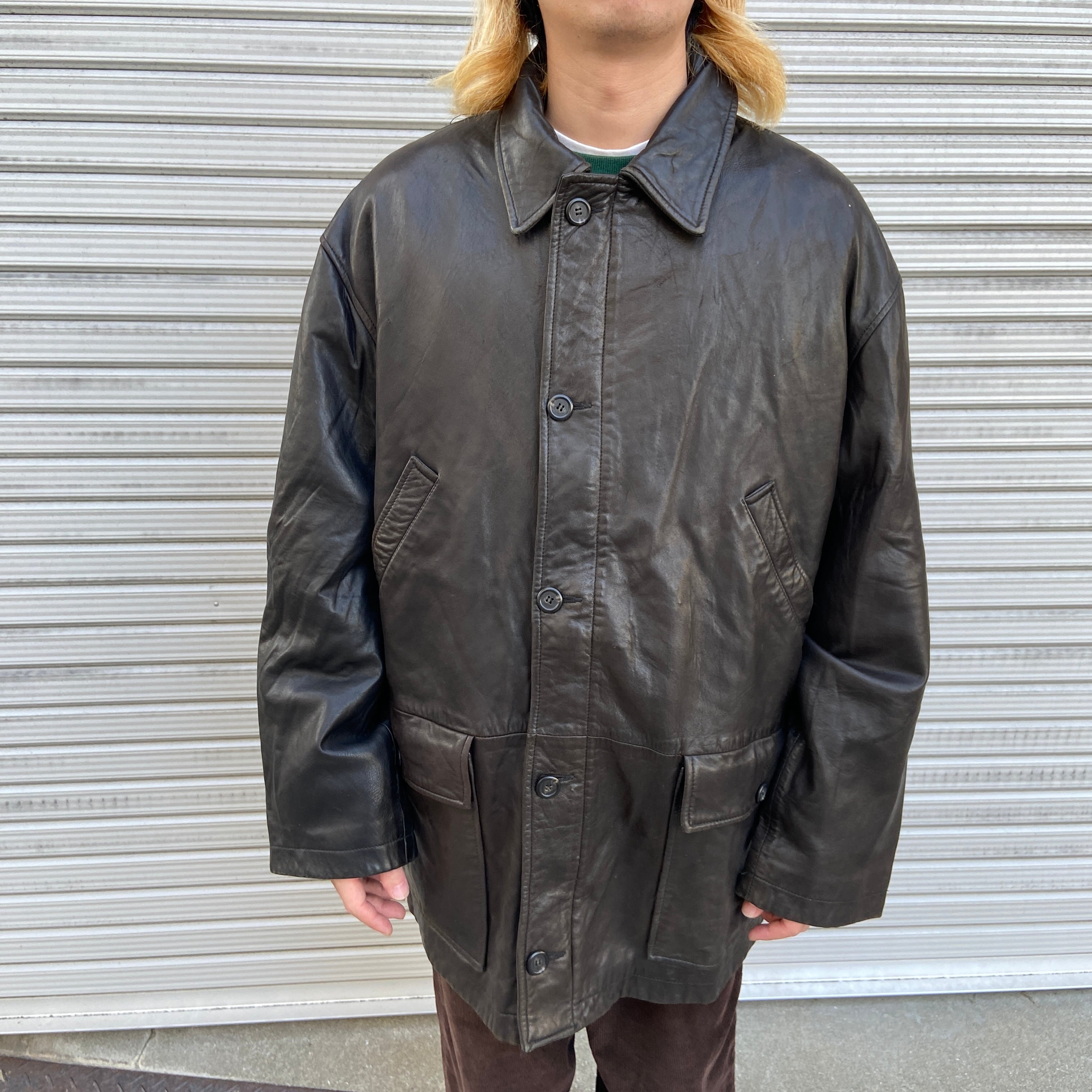 送料無料』90s RalphLauren レザーハーフコート カーコート 本革 