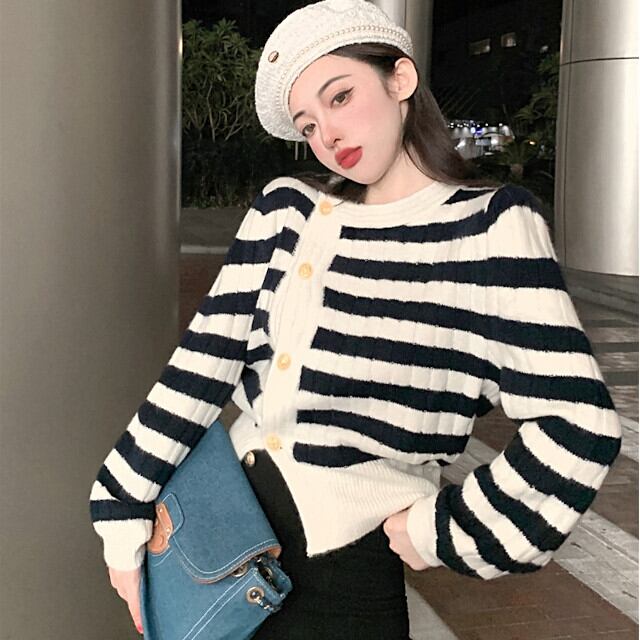 カーディガン レディース ボーダー 長袖 ニット アシンメトリー おしゃれ 金ボタン ショート丈 スタイルアップ 個性的 一枚映え ハイウエスト