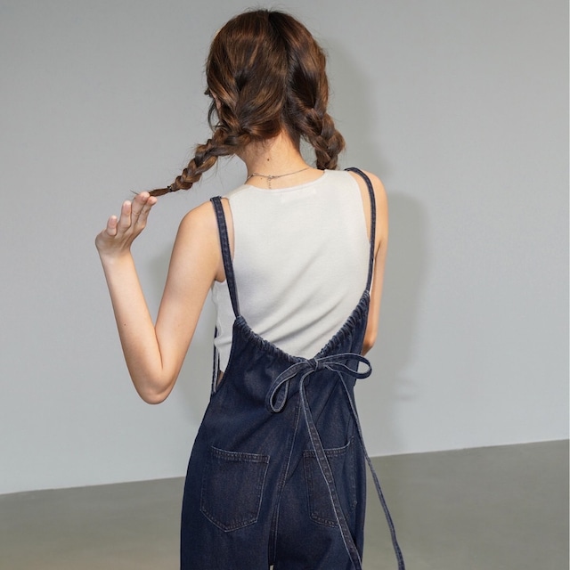 back ribbon denim salopette