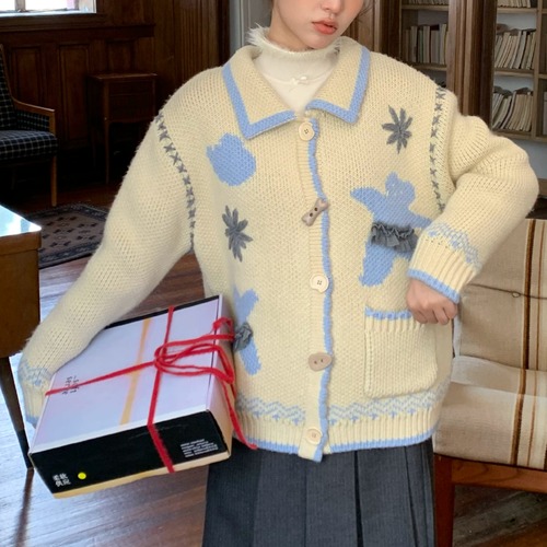 刺繍ベアモチーフニットカーデ ・79153