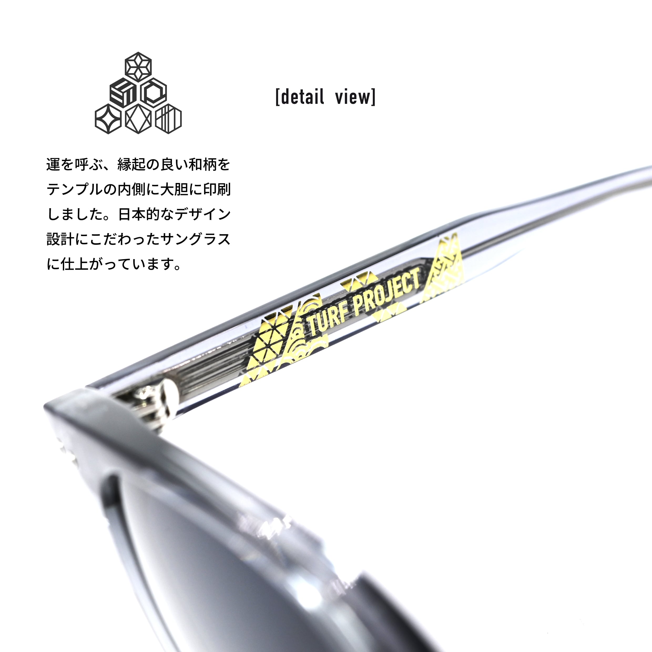 TURF PROJECT偏光サングラス(日本製偏光レンズ搭載)  ［人気のボスリントン］男女兼用  運を呼ぶ和柄デザイン付き  軽量アジアンフィット  UV100％カット/UV400    ケース付き  ゴルフ/普段使い/アウトドア/サイクリング/ドライブ/運転 / 形：ボスリントン　色：グレー　レンズ：グレーグリーンハーフ　/ TPPF-58284-col.2 GREY