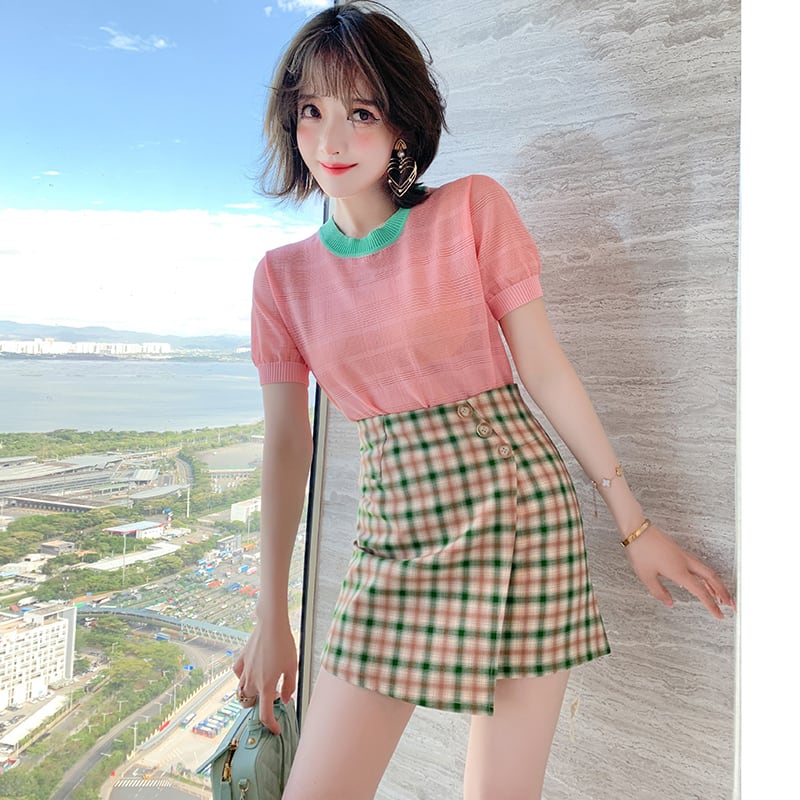 ニットTシャツ Aラインスカート 格子柄サマー 夏物 MIUCO2125314490