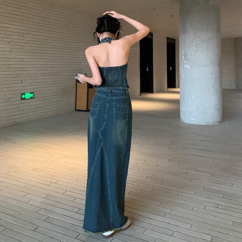 セットアップ セクシー OL/通勤レトロ ホルターネック デニム トップス
