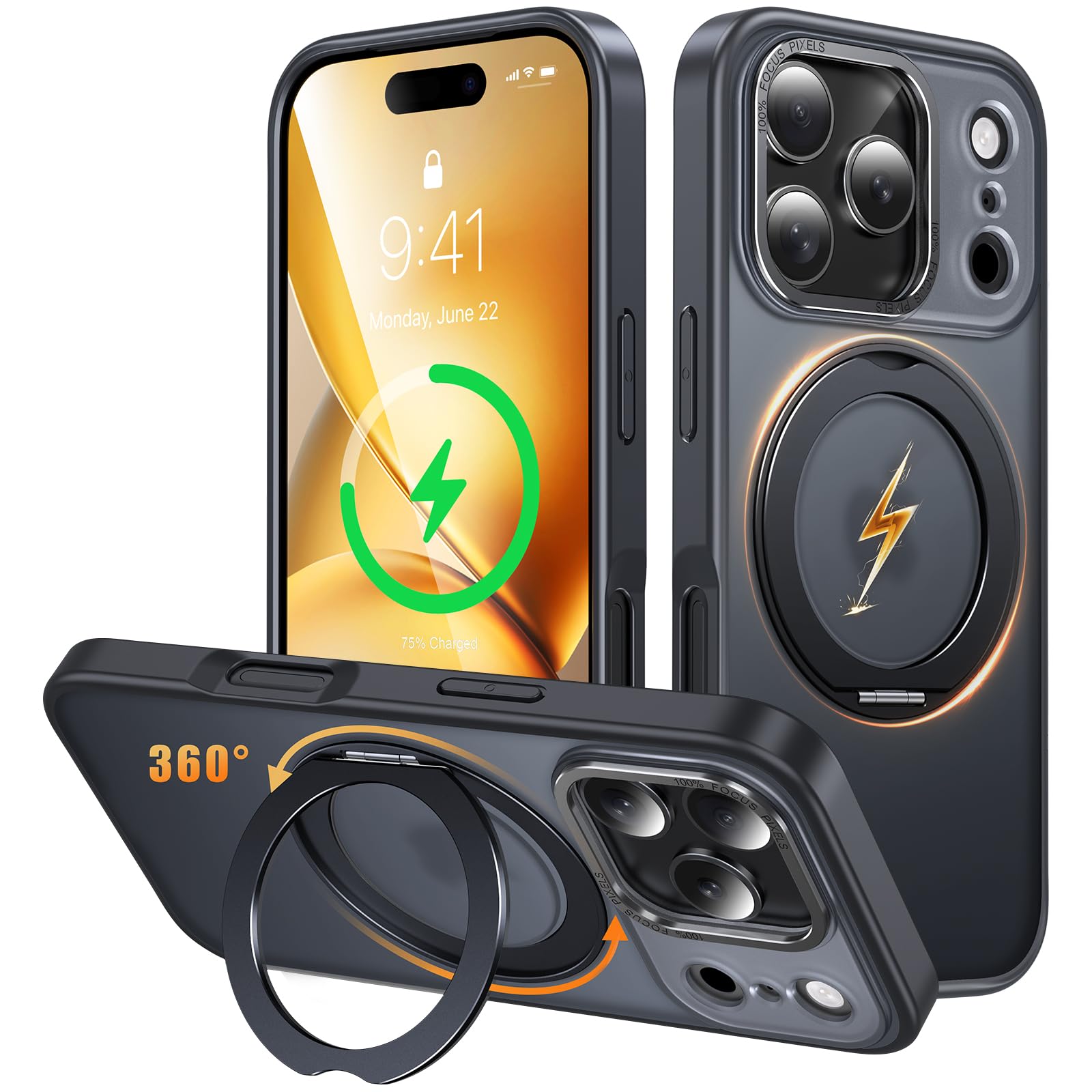 Gunwon iPhone 18 Pro / 17 Pro 用 ケース Magsafe対応 ワイヤレス充電 360回転スタンド 縦横両対応「ブラック」