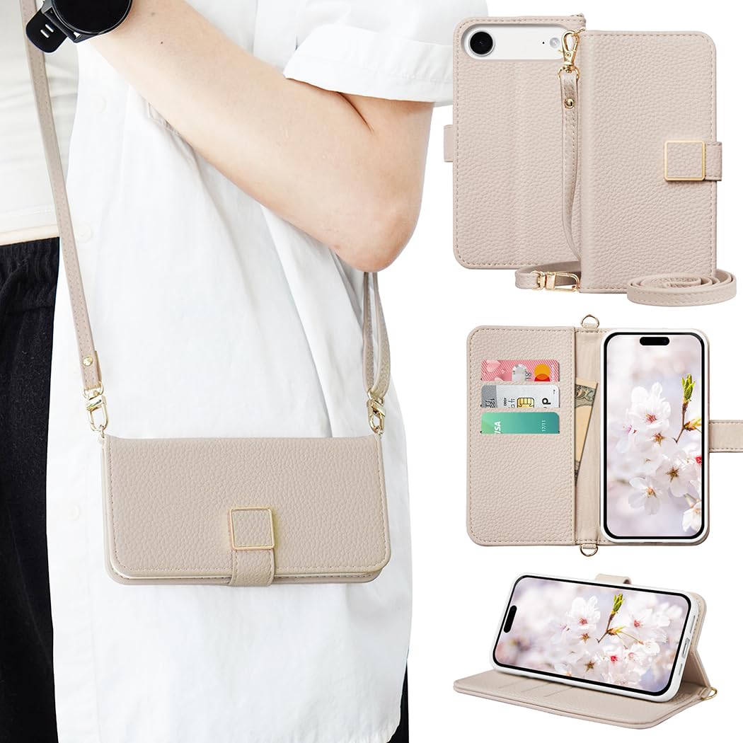 LULUYOUWEI For iPhone air ケース 手帳型 スマホケース いPhone17 AIR ショルダーカード収納 PU アプリコット