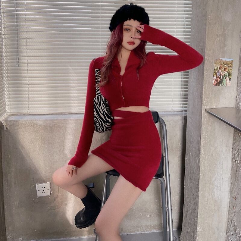 ニットセーター カーディガンジャケット スプリングオータムスタンダードルーズショートレッドトップス ロング レトロ 春物 秋物 ブラックストロベリース35909346211