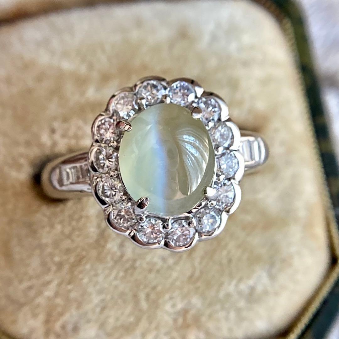pt900 ミルク＆ハニー クリソベリルキャッツアイ3.27ct ダイヤ指輪