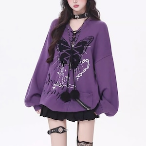 ポンポンコードフードレースアップバタフライジッパーパープルニット(lli_6372)