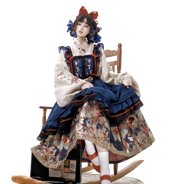 SEASONZ 中華ロリータ チャイナ風 エプロン チャイナ服 刺繍 バルーンスリーブ 着物風