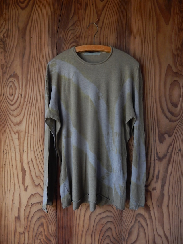 Color : Khaki / Light Grey Smooth Cotton Wool Long Sleeve T-Shirt  Tatami Tatsumaki Shibori "Fold"