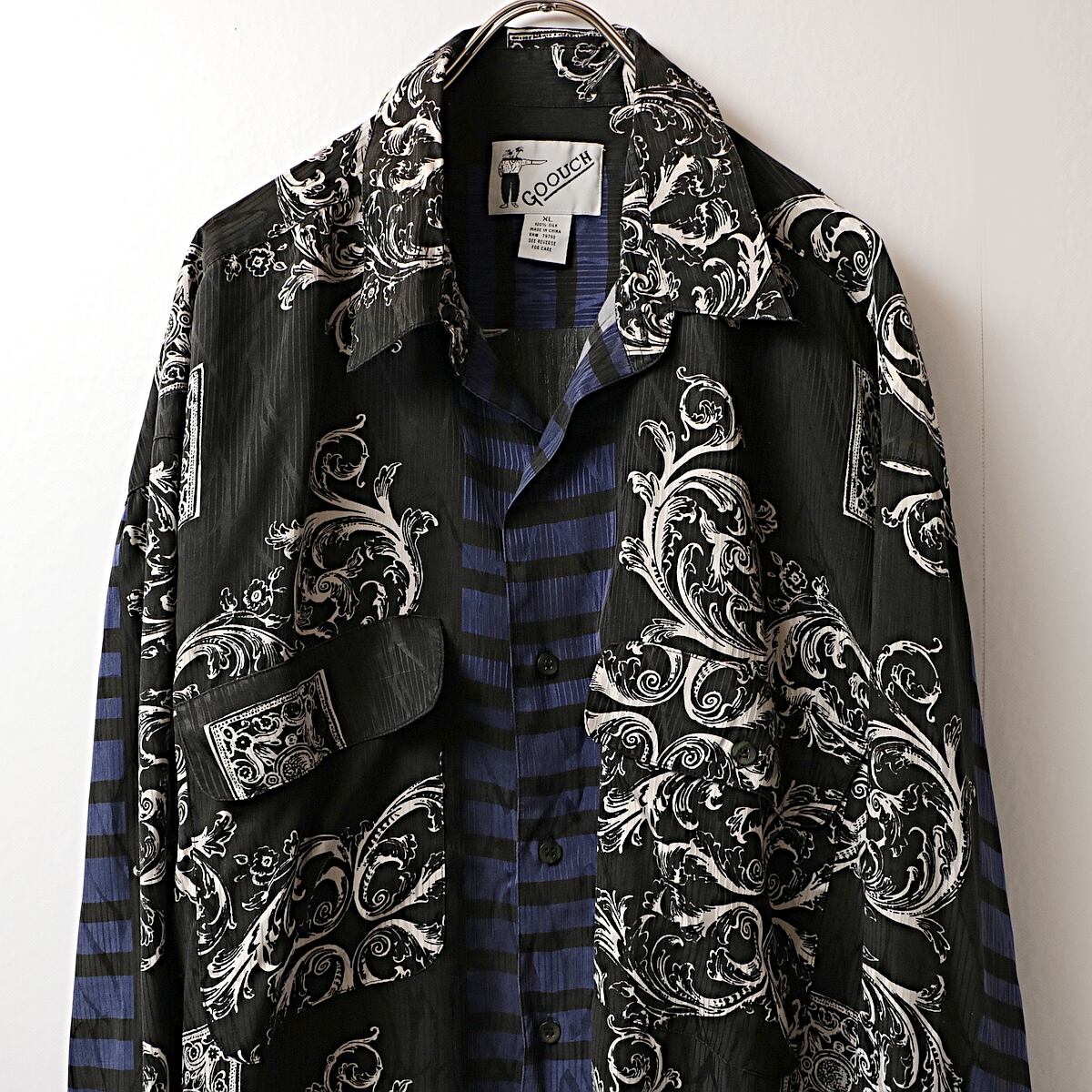 80-90s GOOUCH ”damask border” 総柄 シルク 長袖 シャツ 古着 used