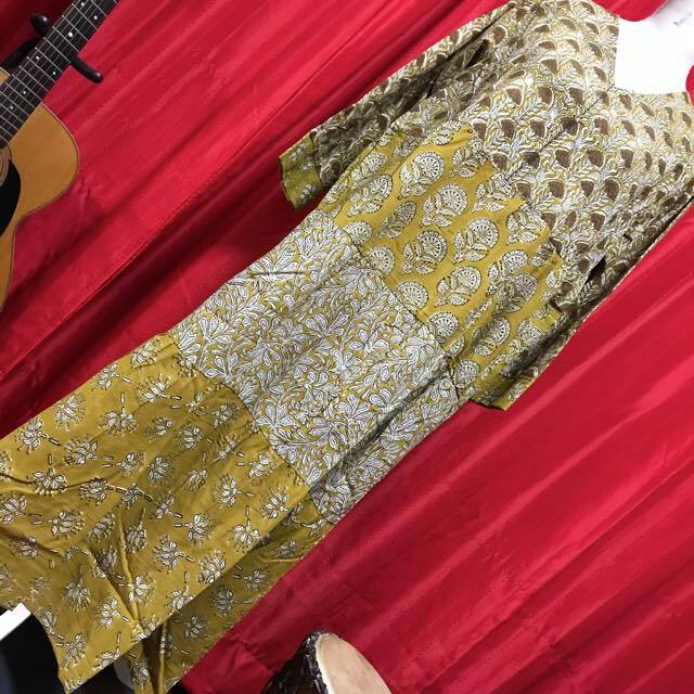 マライカ Cブロックミックスティアードワンピース イエロー 辛子 黄色